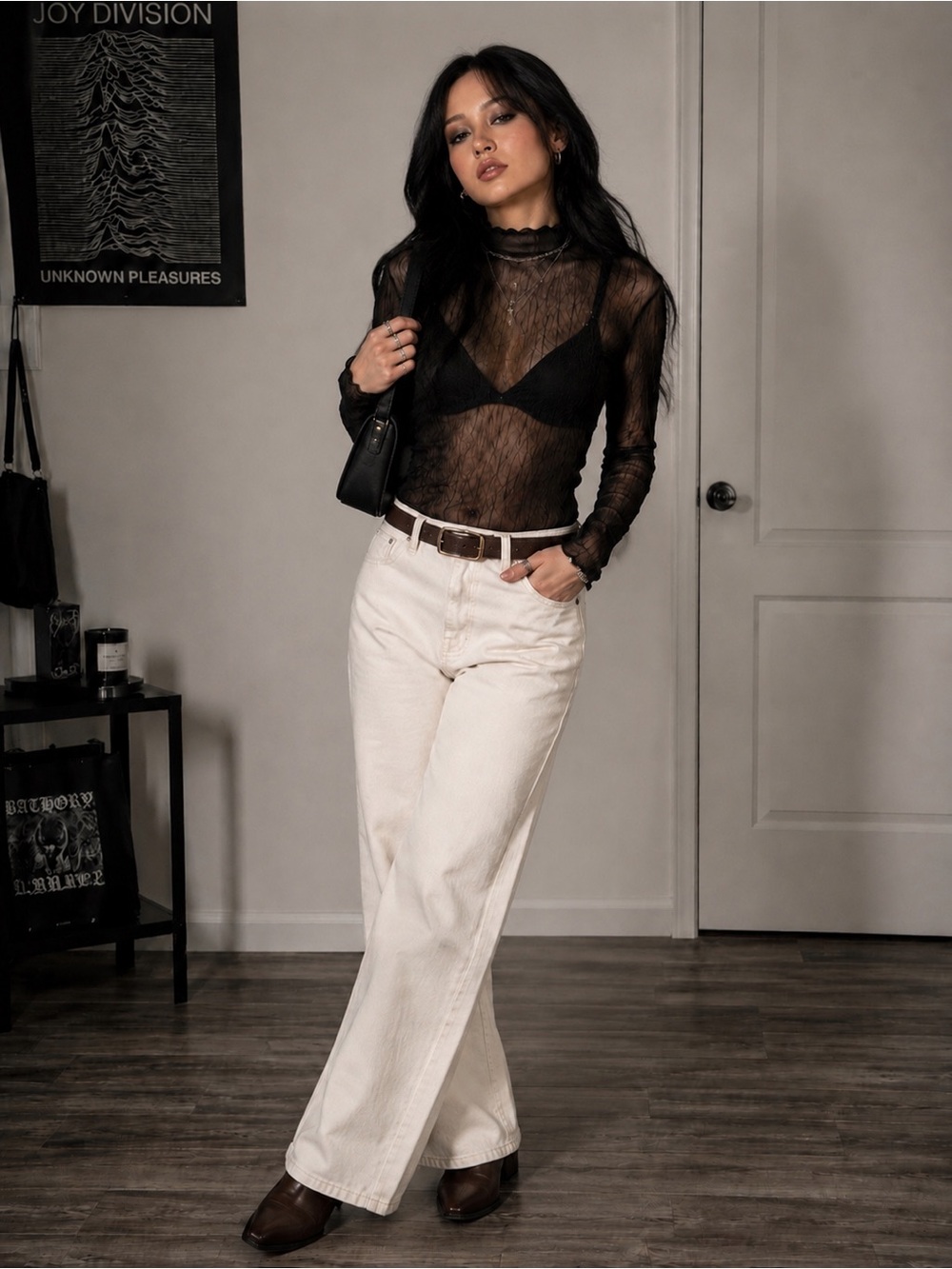 Black Sheer Mockneck Long Sleeve Blouse